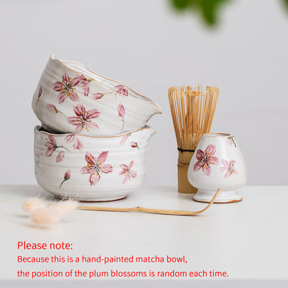 Hand-painted Cherry Blossom Matcha Kit Matcha Bowl with Spout Gift Set with Spout with Bamboo Whisk (100 Prongs Chasen) and Chasen Holder