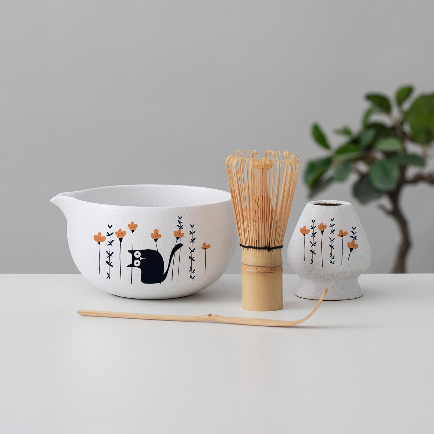 Hand Painted Black Cat in the Flower Matcha Bowl with Spout, Bamboo Whisk and Chasen Holder Matcha Gift Set