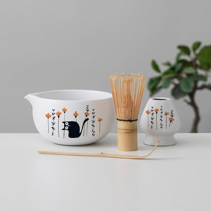 Hand Painted Black Cat in the Flower Matcha Bowl with Spout, Bamboo Whisk and Chasen Holder Matcha Gift Set