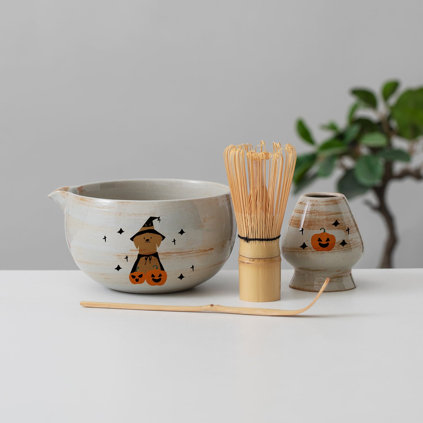 Hand Painted Halloween Cute Dog Pumpkin Matcha Bowl with Spout, Bamboo Whisk and Chasen Holder Halloween Gift