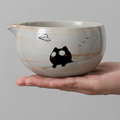 Hand Painted Cute Black Cat with Paper Plane Matcha Bowl with Spout Matcha Gift Set Personalized Gifts