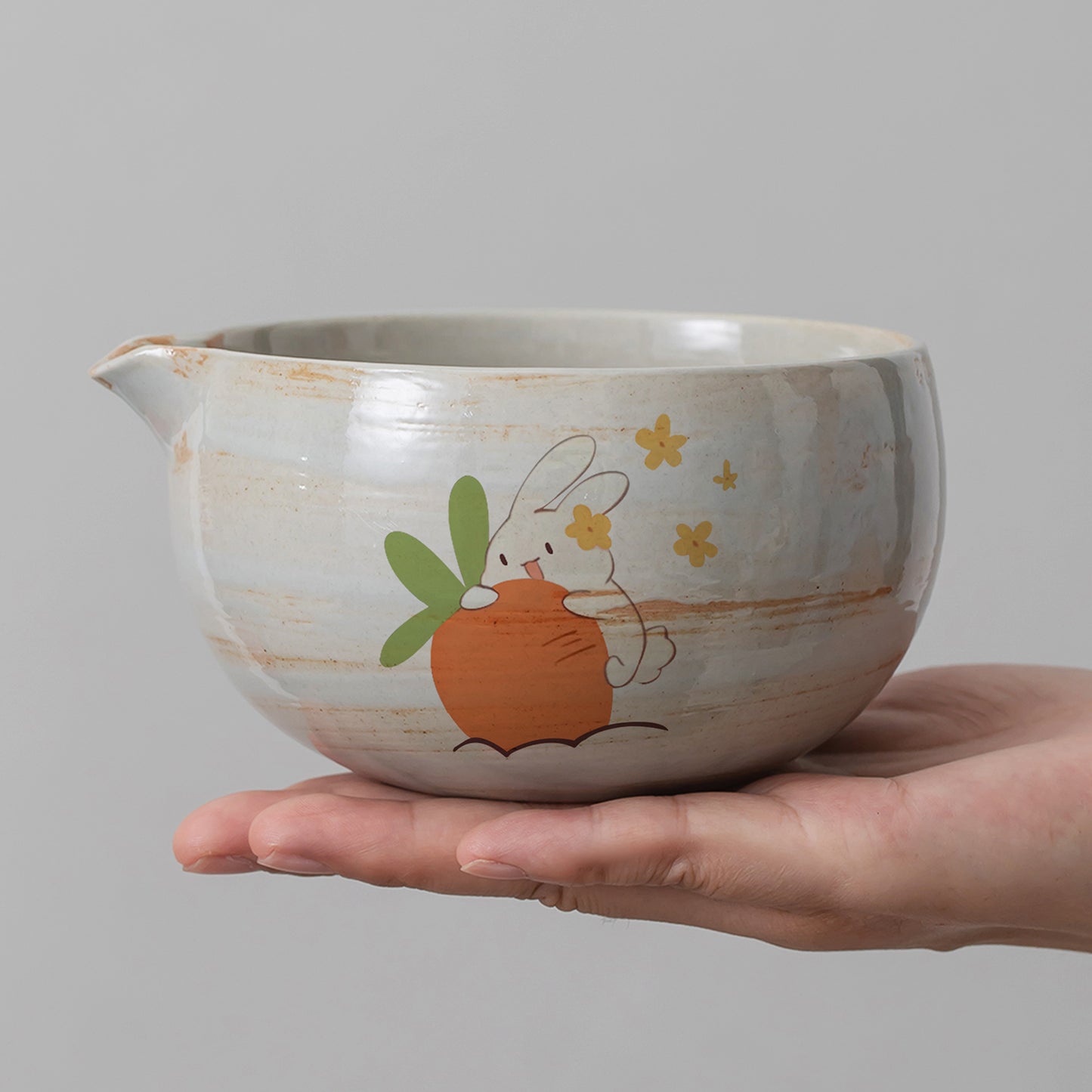 Hand Painted Cute Rabbit with Carrot Matcha Bowl with Spout, Cute Matcha Kit Gift Ideas