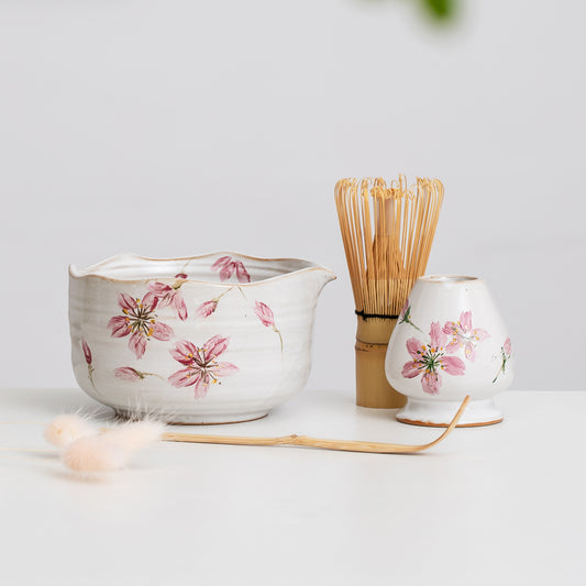 Hand-painted Cherry Blossom Matcha Kit Matcha Bowl with Spout Gift Set with Spout with Bamboo Whisk (100 Prongs Chasen) and Chasen Holder