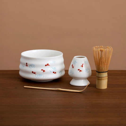 Hand-painted Gold Fish Pattern Matcha Bowl and Chasen Holder With Bamboo Whisk Bamboo Scoop