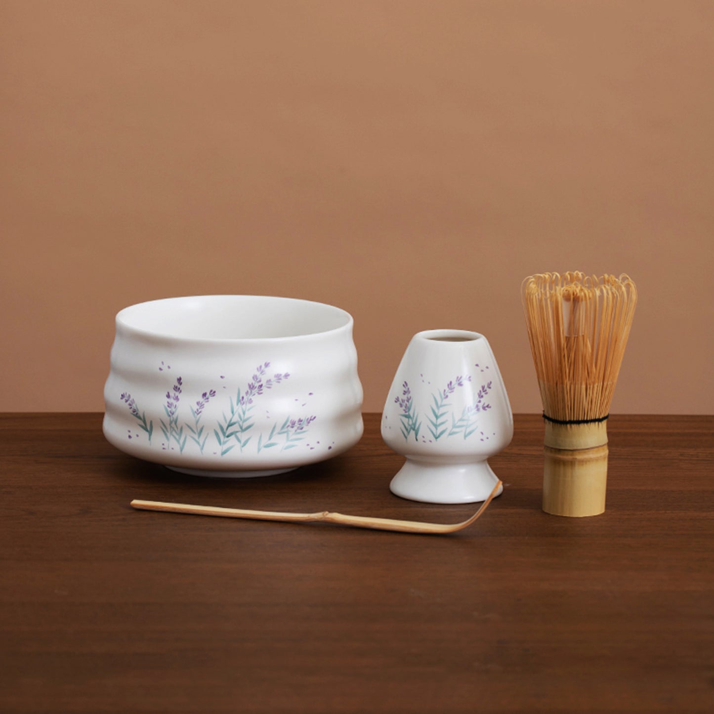 Matcha Set Hand-painted Lavender Matcha Bowl and Chasen Holde And With Bamboo Whisk Bamboo Scoop