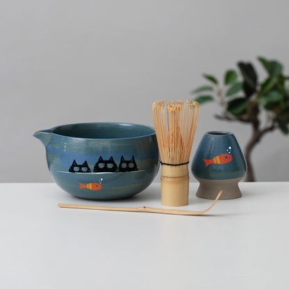 Hand Painted Cute Black Cats and Fish Matcha Bowl Set with Spout, Bamboo Whisk | Chasen Holder, Gift Set, for Cat Lovers