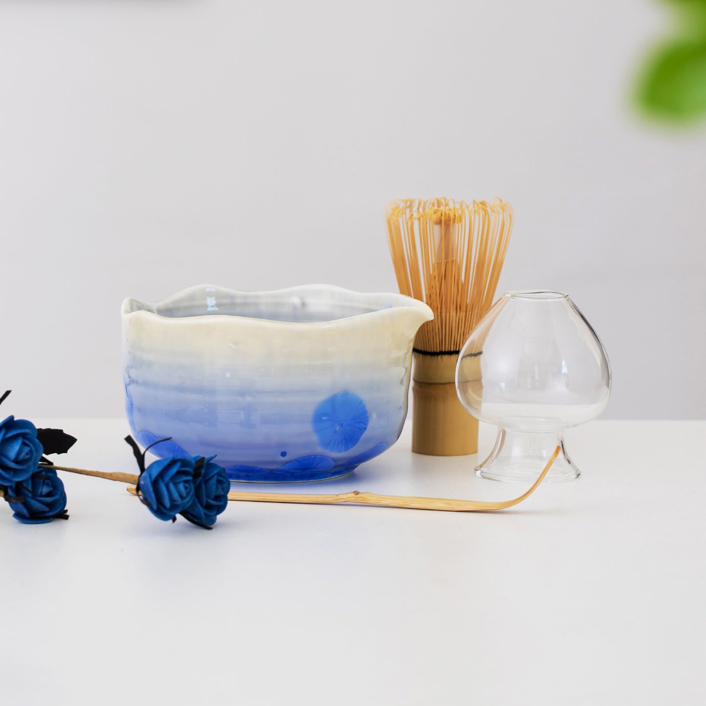 Handmade Natural Flower Glazing Gradient Blue Matcha Bowl Set, Matcha Gift Set, Matcha Tea Ceremony Set