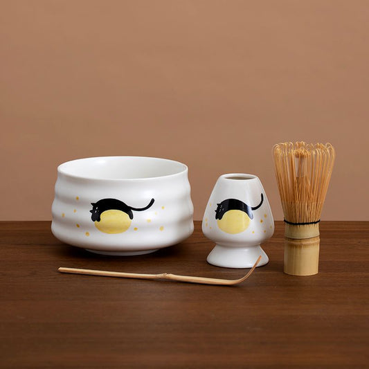 Hand-painted Black Playful Cat Matcha Bowl and Chasen Holder With Bamboo Whisk Bamboo Scoop