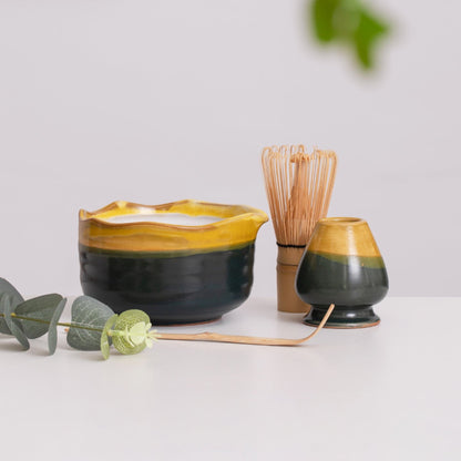 Hand-painted Vintage Ceramic Matcha Bowl with Spout with Bamboo Whisk and Chasen Holder Matcha Set