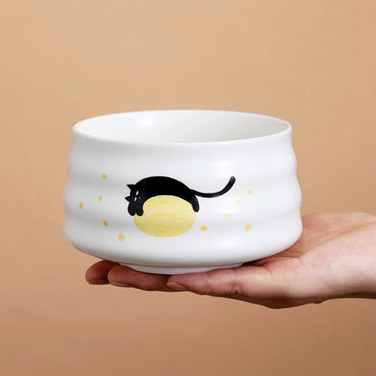 Hand-painted Black Playful Cat Matcha Bowl and Chasen Holder With Bamboo Whisk Bamboo Scoop