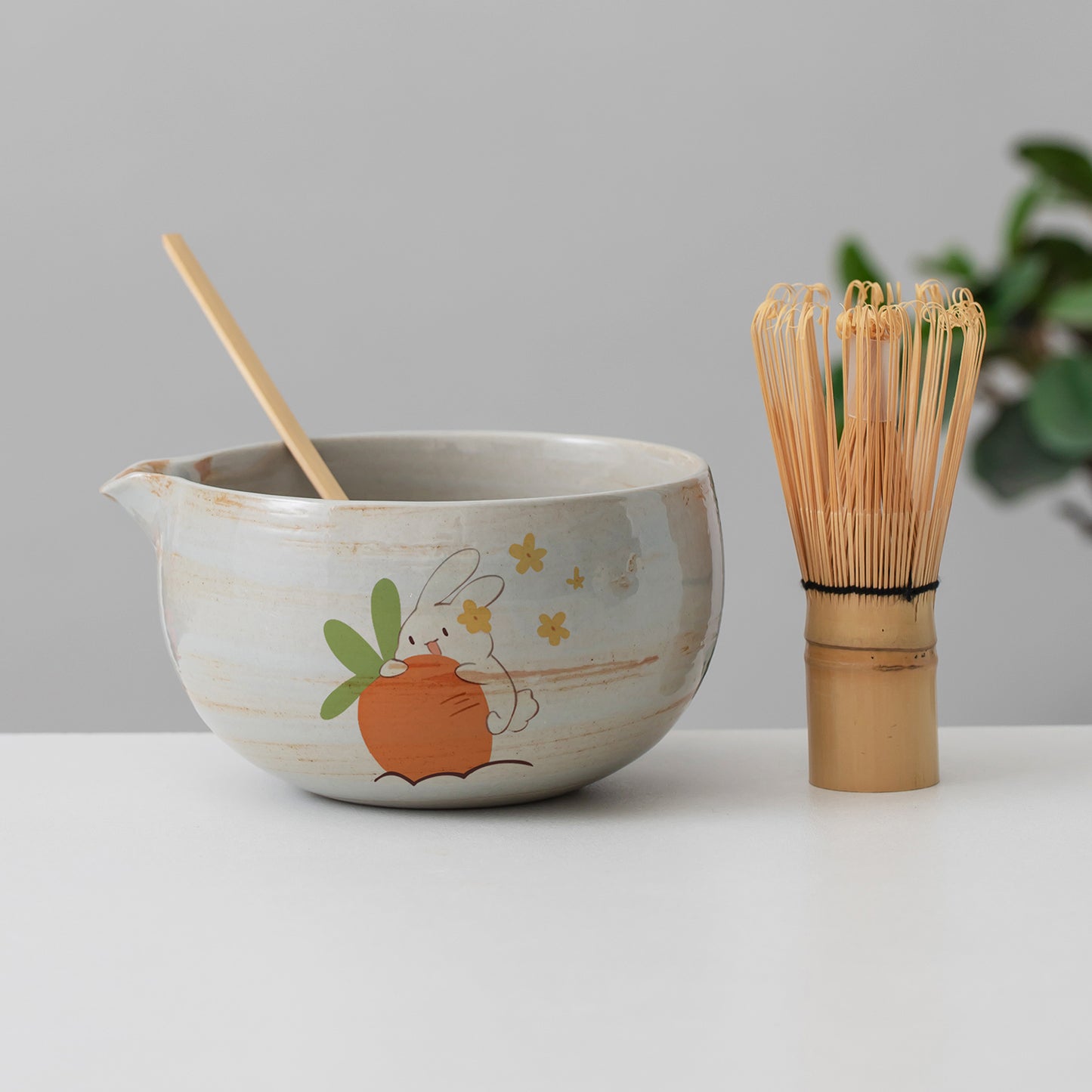 Hand Painted Cute Rabbit with Carrot Matcha Bowl with Spout, Cute Matcha Kit Gift Ideas