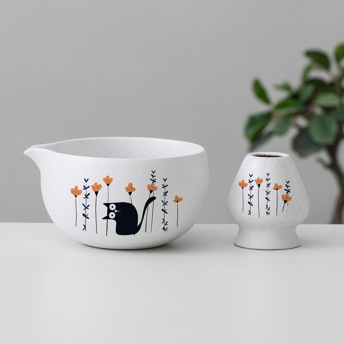 Hand Painted Black Cat in the Flower Matcha Bowl with Spout, Bamboo Whisk and Chasen Holder Matcha Gift Set