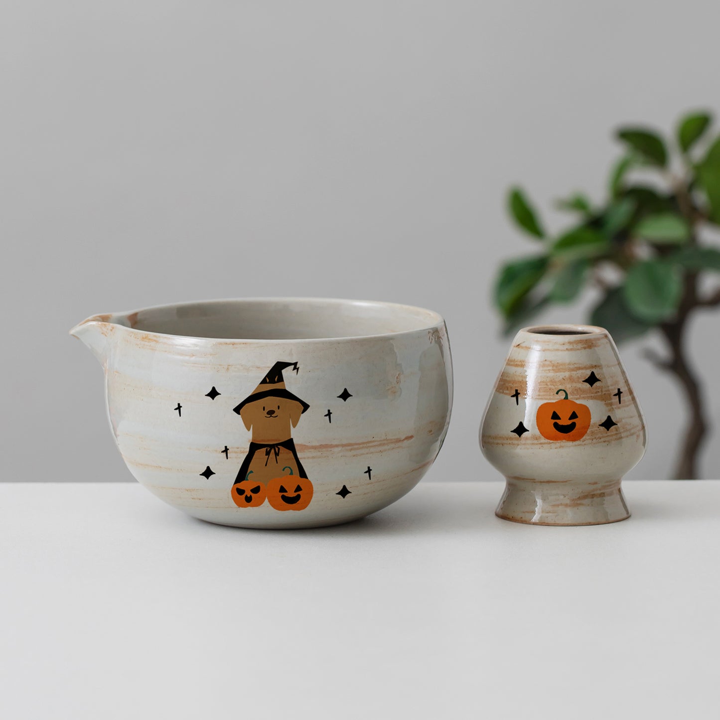 Hand Painted Halloween Cute Dog Pumpkin Matcha Bowl with Spout, Bamboo Whisk and Chasen Holder Halloween Gift