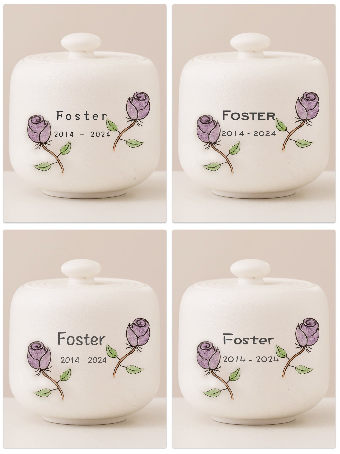 Hand Painted Purple Rose Elegant White Pet Urn  Personalized Cat & Dog Pet Urn, Custom Carved Pottery Keepsake Urn