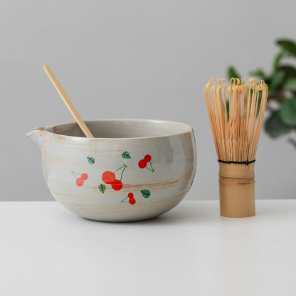 Hand Painted Cherry Matcha Bowl Set with Spout, Cute Matcha Set, Gift Ideas, Birthday Gifts