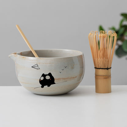 Hand Painted Cute Black Cat with Paper Plane Matcha Bowl with Spout Matcha Gift Set Personalized Gifts