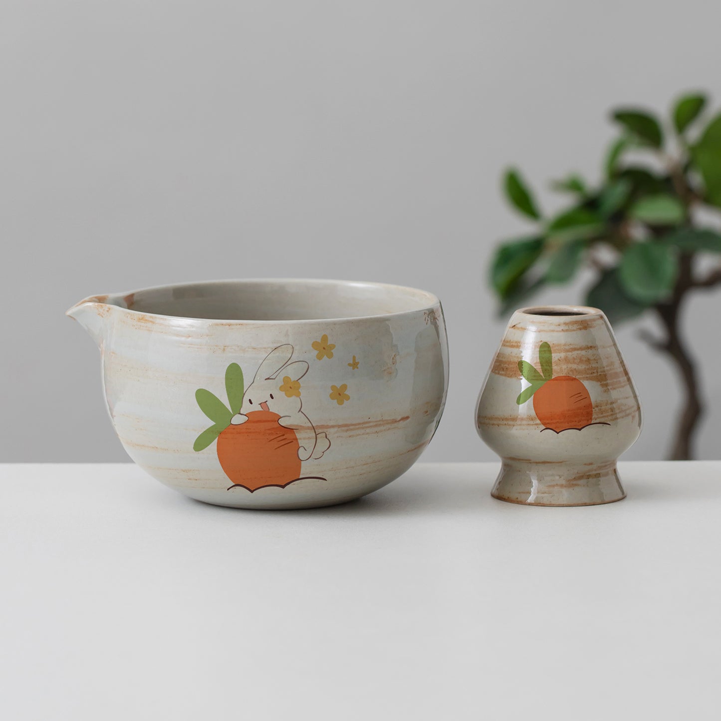 Hand Painted Cute Rabbit with Carrot Matcha Bowl with Spout, Cute Matcha Kit Gift Ideas