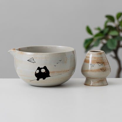 Hand Painted Cute Black Cat with Paper Plane Matcha Bowl with Spout Matcha Gift Set Personalized Gifts