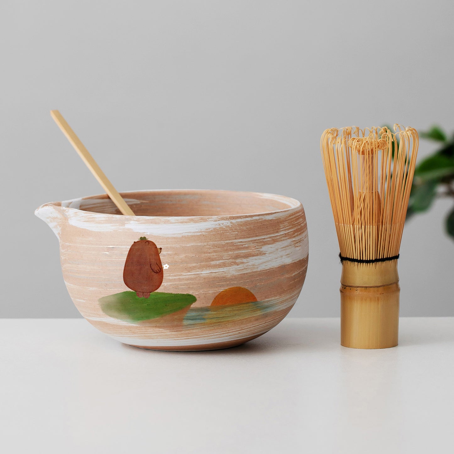 Hand Painted Cute Brown Bear in the Sunrise Matcha Kit with Bowl Matcha Gift Set, Gift Ideas