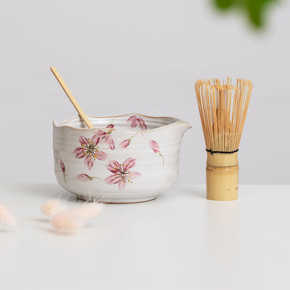 Hand-painted Cherry Blossom Matcha Kit Matcha Bowl with Spout Gift Set with Spout with Bamboo Whisk (100 Prongs Chasen) and Chasen Holder