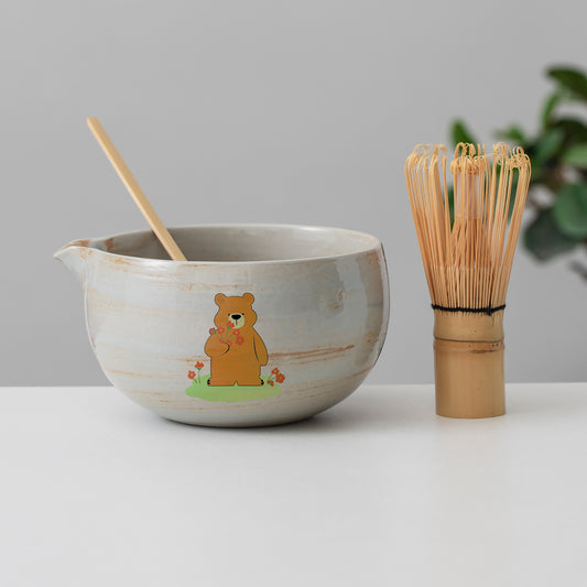 Hand Painted Cute Bear with Flowers Matcha Bowl Set with Spout, Matcha Kit, Gift Ideas