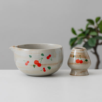 Hand Painted Cherry Matcha Bowl Set with Spout, Cute Matcha Set, Gift Ideas, Birthday Gifts