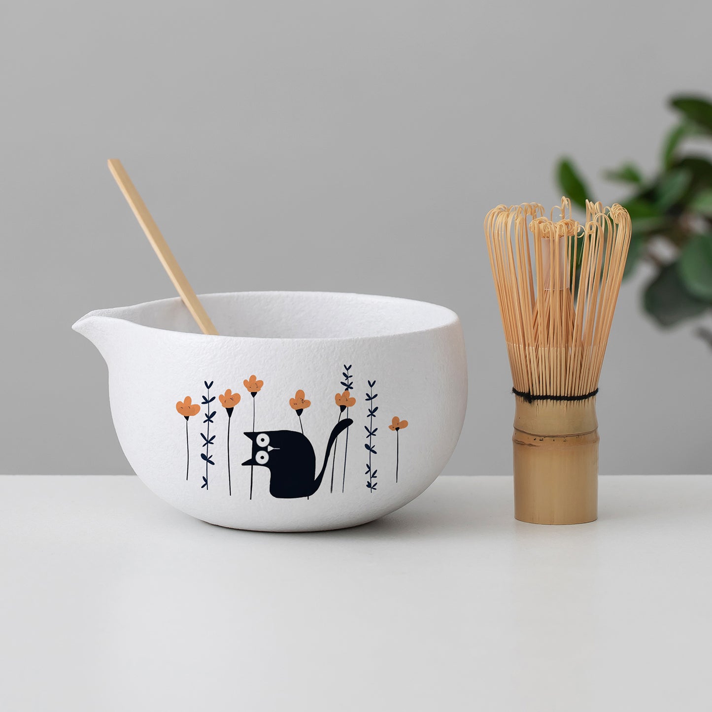 Hand Painted Black Cat in the Flower Matcha Bowl with Spout, Bamboo Whisk and Chasen Holder Matcha Gift Set