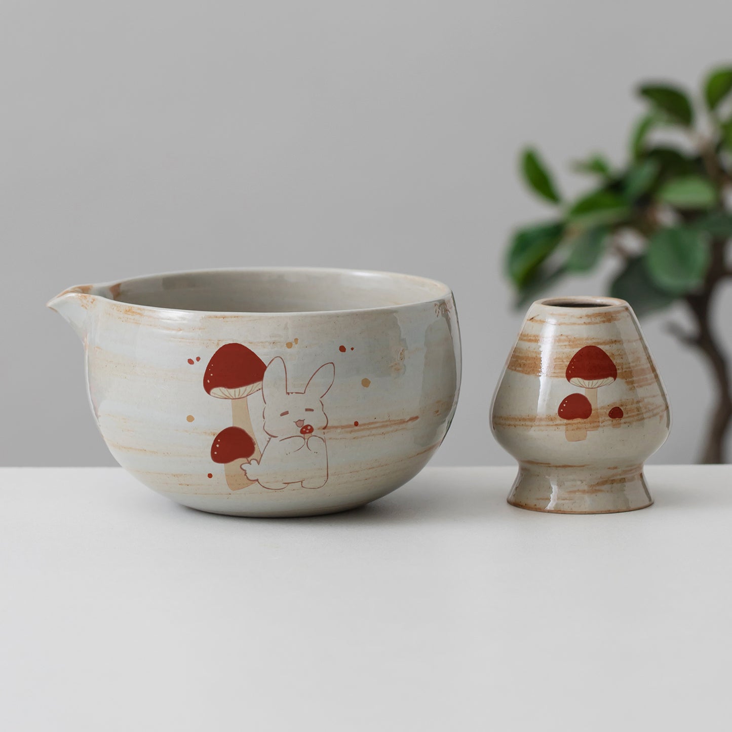 Hand Painted Bunny with Mushroom Matcha Bowl Set with Spout Matcha Set Gift Ideas