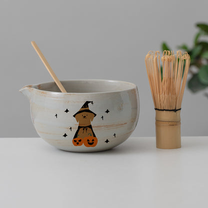 Hand Painted Halloween Cute Dog Pumpkin Matcha Bowl with Spout, Bamboo Whisk and Chasen Holder Halloween Gift