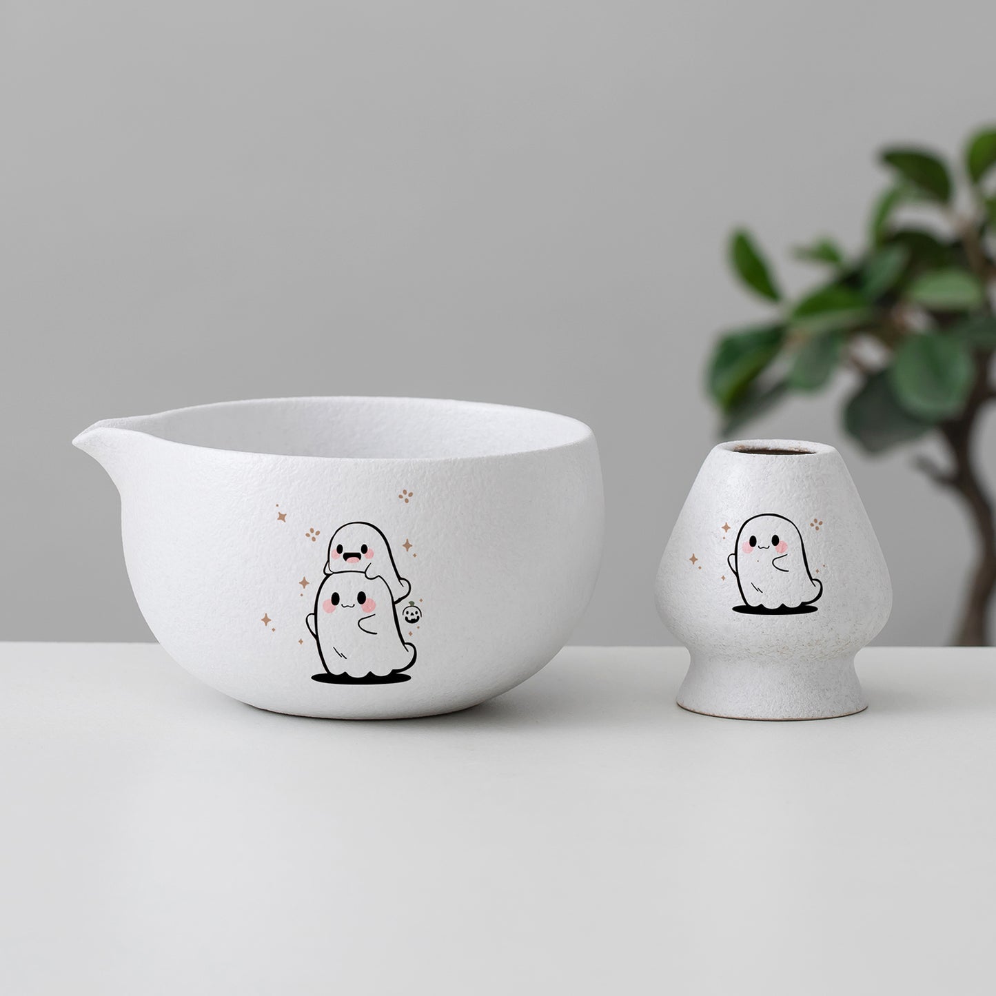 Hand Painted Cute Funny Ghost Matcha Kit with Spout Matcha Ceremony Set Halloween Gift