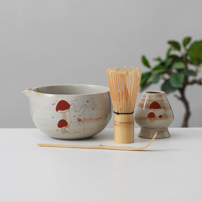 Hand Painted Bunny with Mushroom Matcha Bowl Set with Spout Matcha Set Gift Ideas