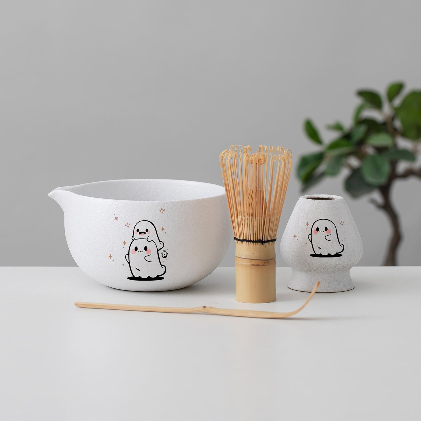 Hand Painted Cute Funny Ghost Matcha Kit with Spout Matcha Ceremony Set Halloween Gift