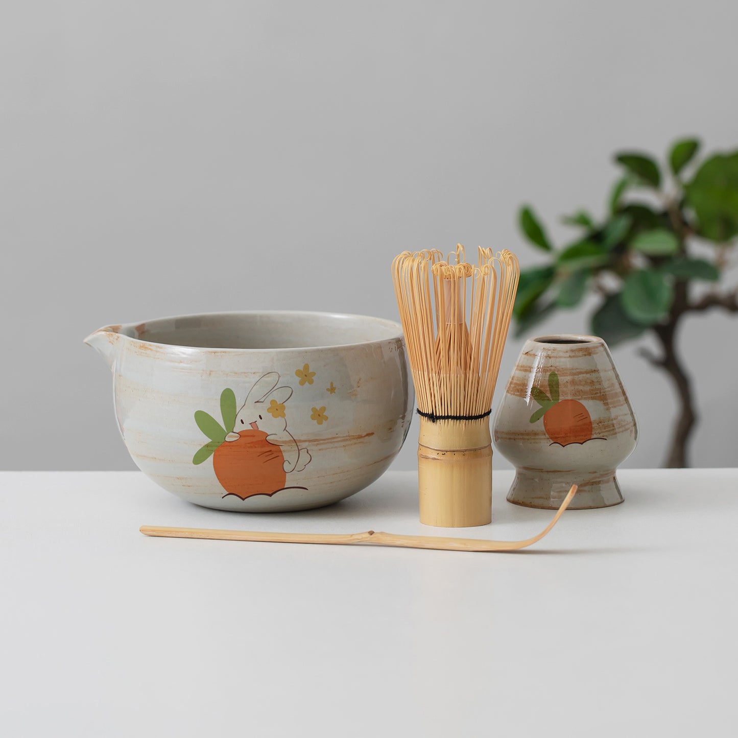 Hand Painted Cute Rabbit with Carrot Matcha Bowl with Spout, Cute Matcha Kit Gift Ideas