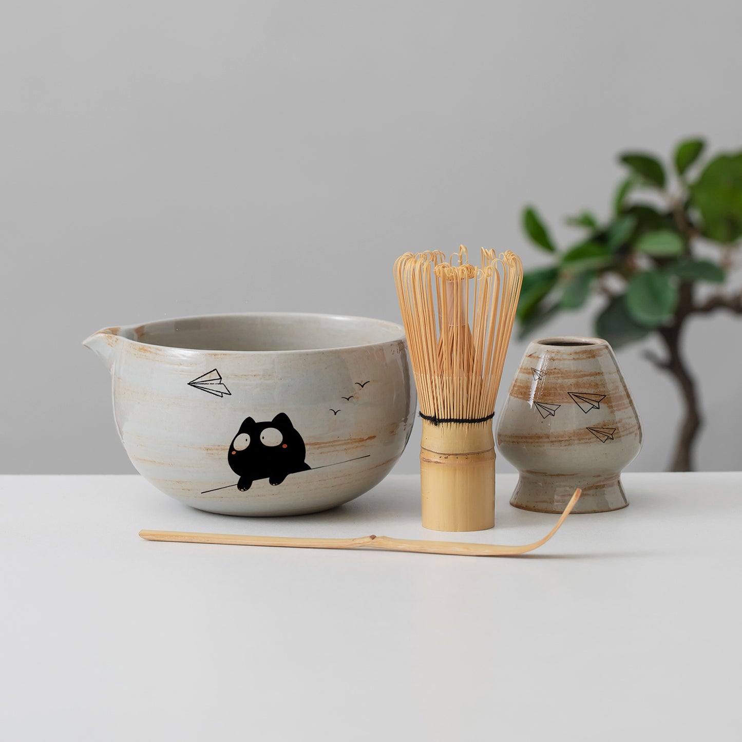 Hand Painted Cute Black Cat with Paper Plane Matcha Bowl with Spout Matcha Gift Set Personalized Gifts