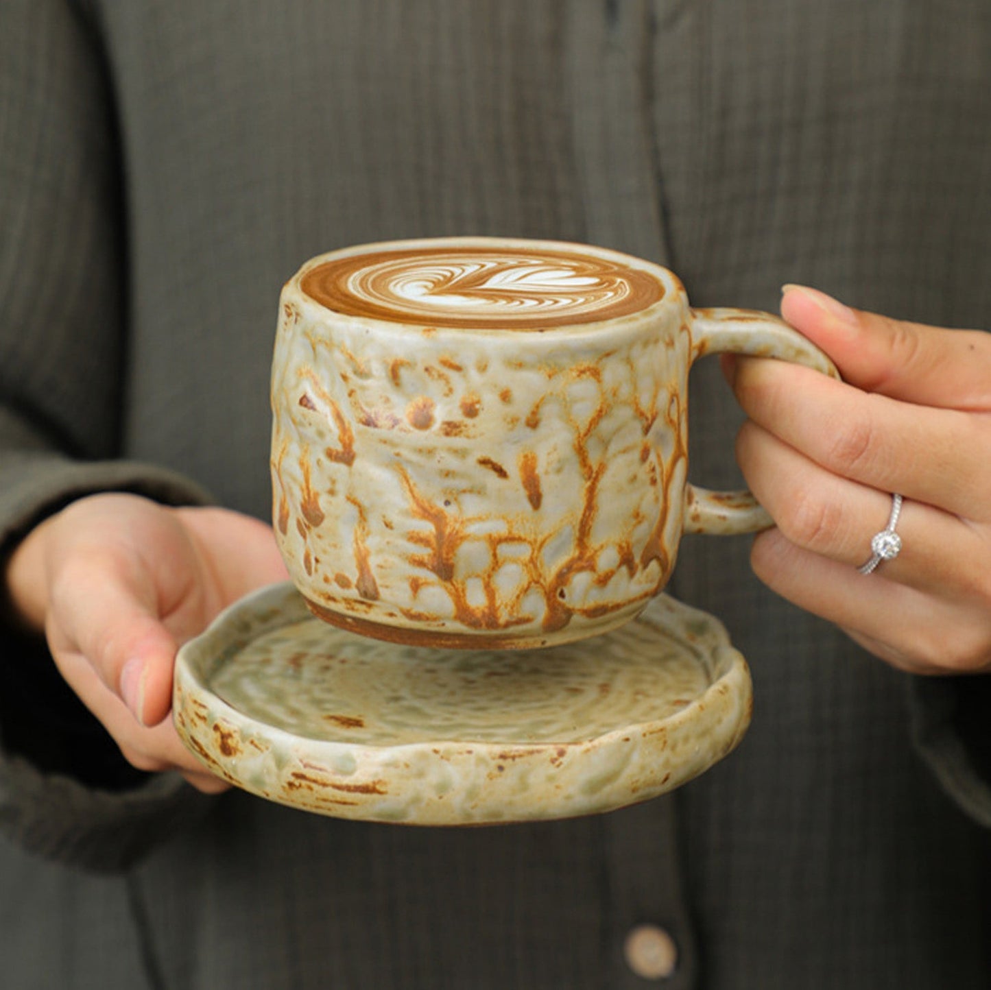 Ceramic Hand drawn vintage Coffee Cup Teacup with plate