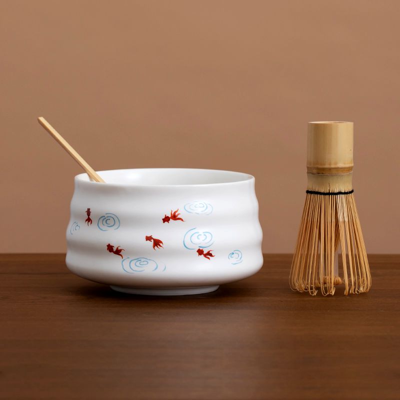 Hand-painted Gold Fish Pattern Matcha Bowl and Chasen Holder With Bamboo Whisk Bamboo Scoop