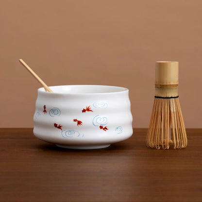 Hand-painted Gold Fish Pattern Matcha Bowl and Chasen Holder With Bamboo Whisk Bamboo Scoop