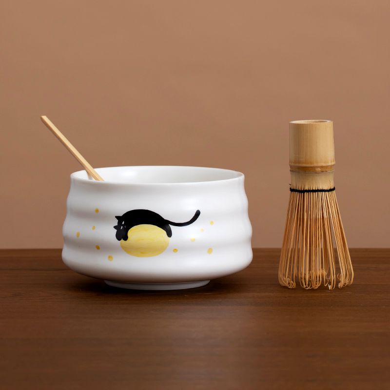 Hand-painted Black Playful Cat Matcha Bowl and Chasen Holder With Bamboo Whisk Bamboo Scoop