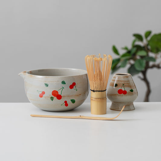 Hand Painted Cherry Matcha Bowl Set with Spout, Cute Matcha Set, Gift Ideas, Birthday Gifts