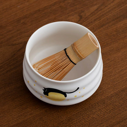 Hand-painted Black Playful Cat Matcha Bowl and Chasen Holder With Bamboo Whisk Bamboo Scoop