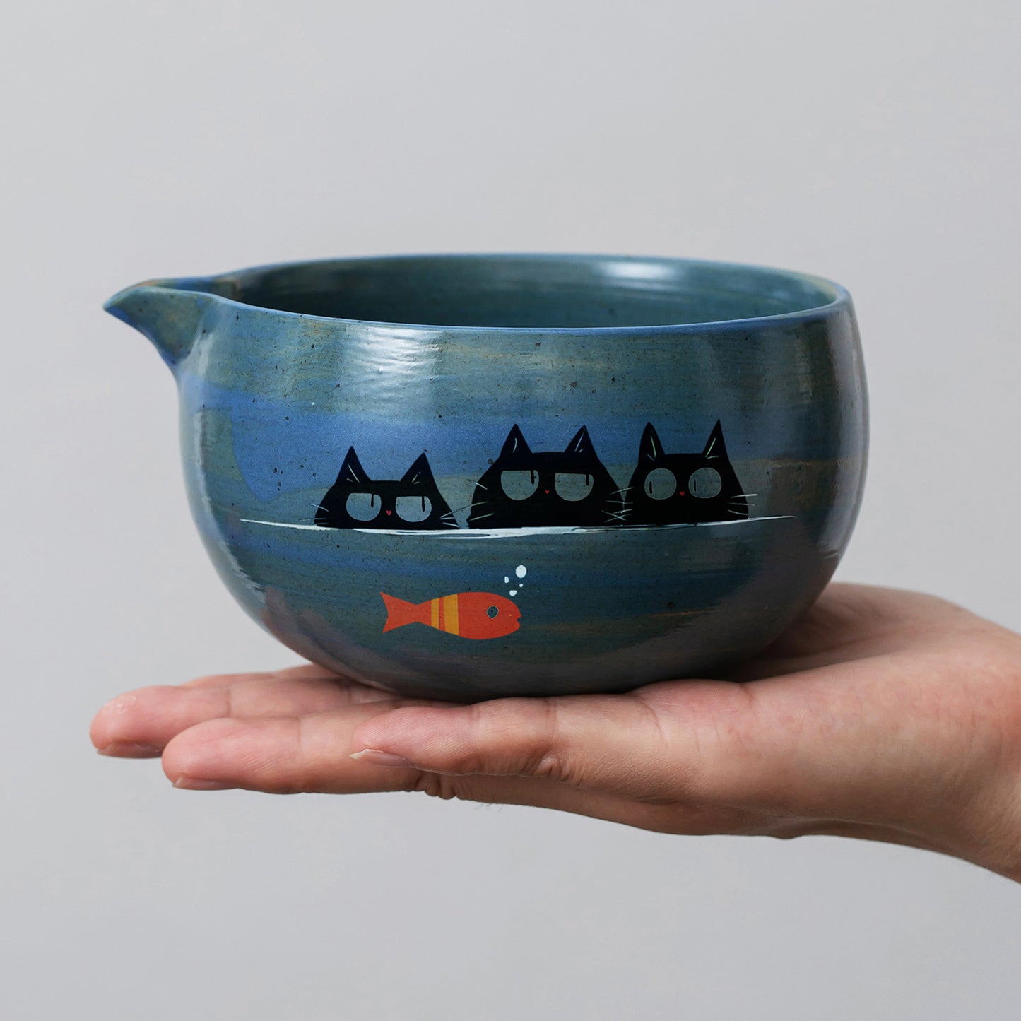 Hand Painted Cute Black Cats and Fish Matcha Bowl Set with Spout, Bamboo Whisk | Chasen Holder, Gift Set, for Cat Lovers