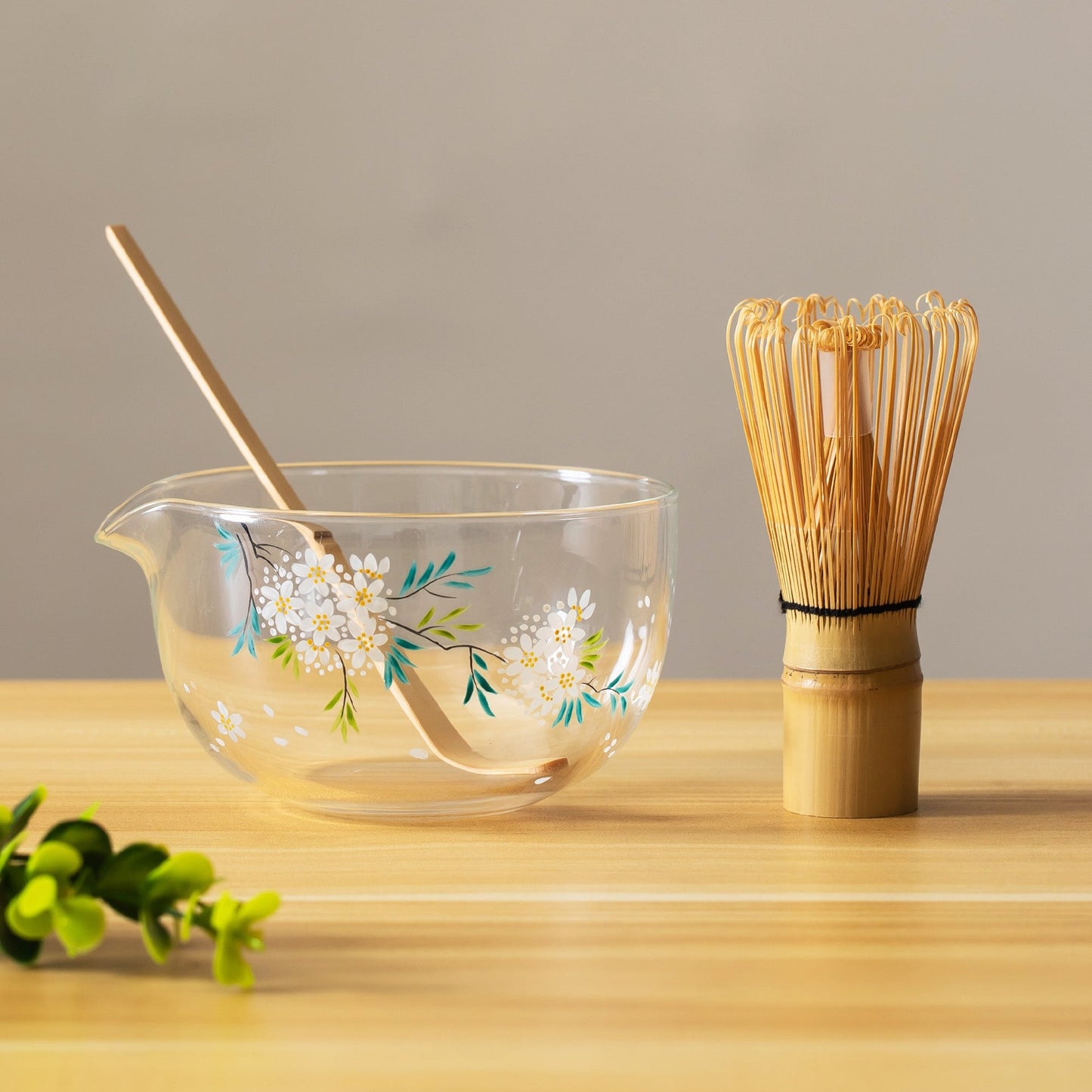 Hand Painted Pear Blossom Glass Matcha Bowl Set with Spout Matcha Gift Set Gift for Her