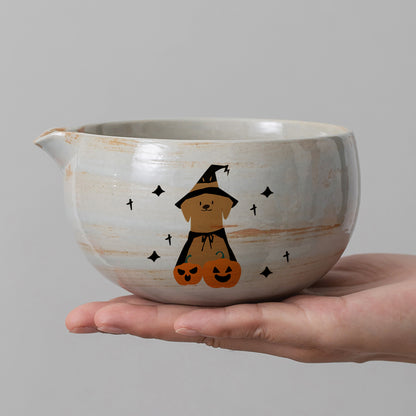 Hand Painted Halloween Cute Dog Pumpkin Matcha Bowl with Spout, Bamboo Whisk and Chasen Holder Halloween Gift