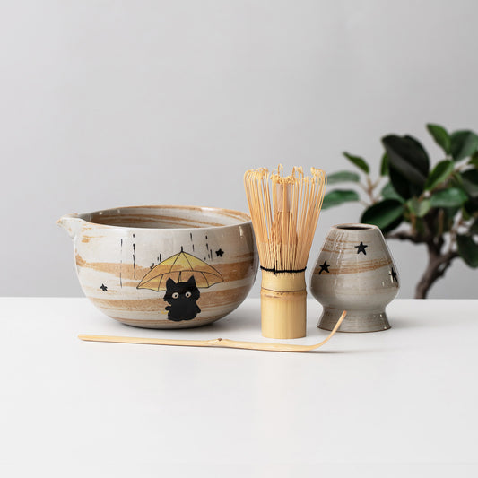 Hand Painted Cute Black Cat Matcha Gift Set, Umbrella Cat Matcha Bowl Set with Spout, Gift Ideas