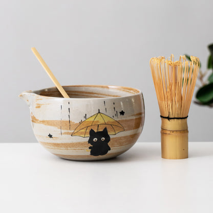 Hand Painted Cute Black Cat Matcha Gift Set, Umbrella Cat Matcha Bowl Set with Spout, Gift Ideas