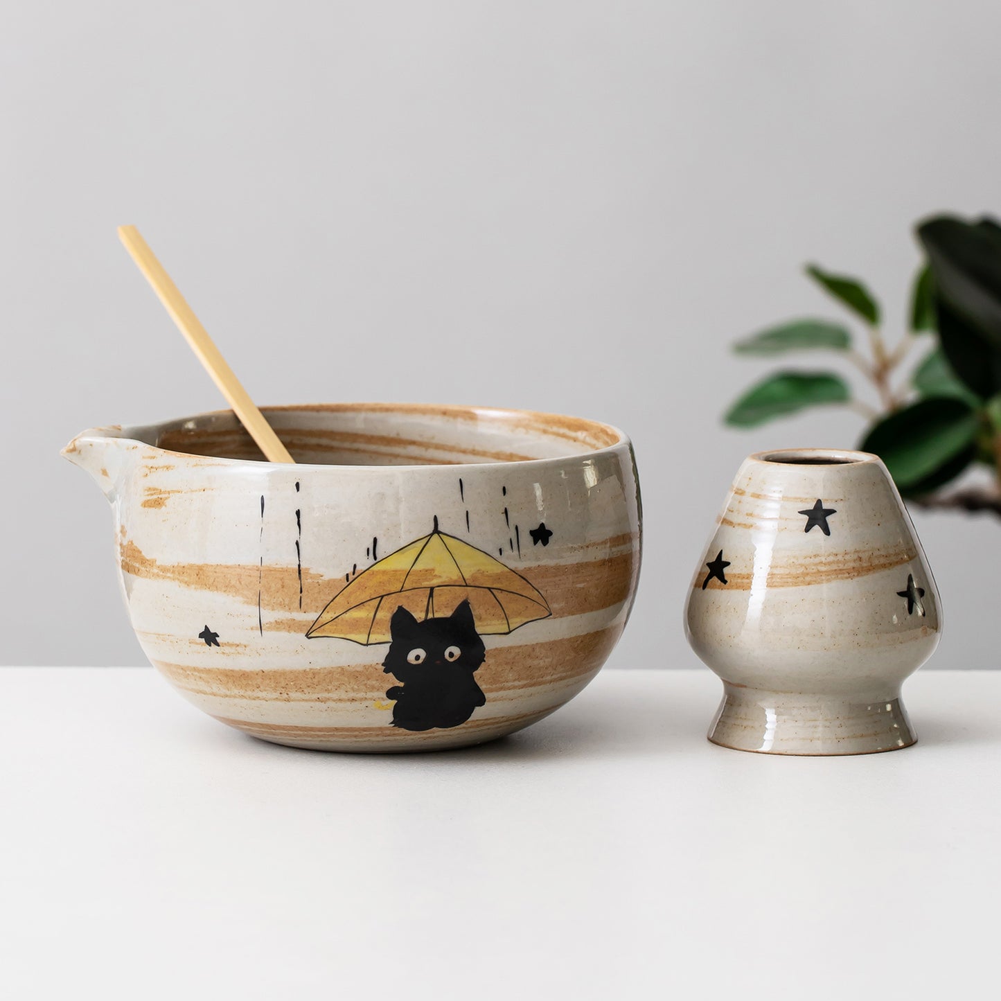 Hand Painted Cute Black Cat Matcha Gift Set, Umbrella Cat Matcha Bowl Set with Spout, Gift Ideas