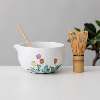 Hand Painted Tulip Flower Matcha Gift Set Matcha Bowl Set with Spout, Japanese Tea Set