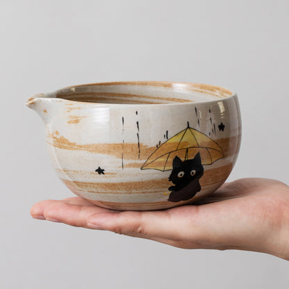 Hand Painted Cute Black Cat Matcha Gift Set, Umbrella Cat Matcha Bowl Set with Spout, Gift Ideas