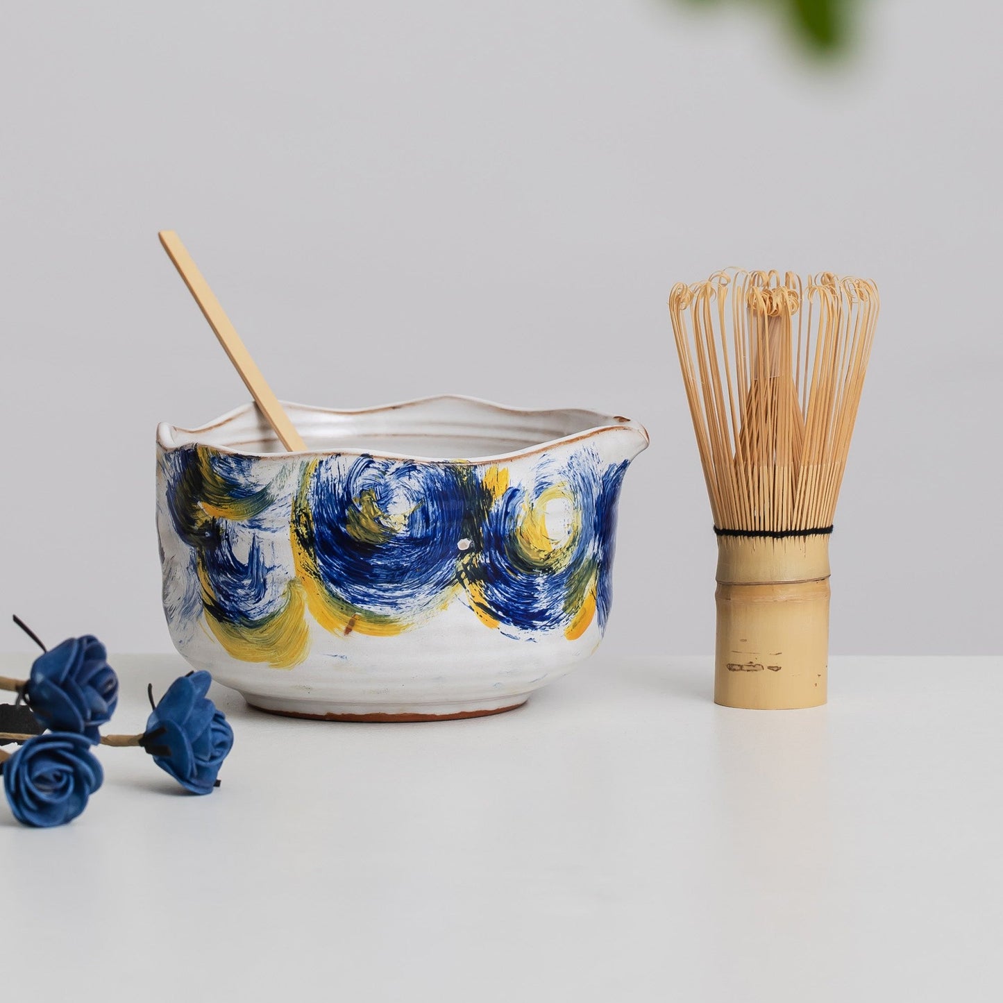 Hand Painted abstract starry sky Ceramic Matcha Set Bowl with Bamboo Whisk and Chasen Holder Japanese Matcha Set