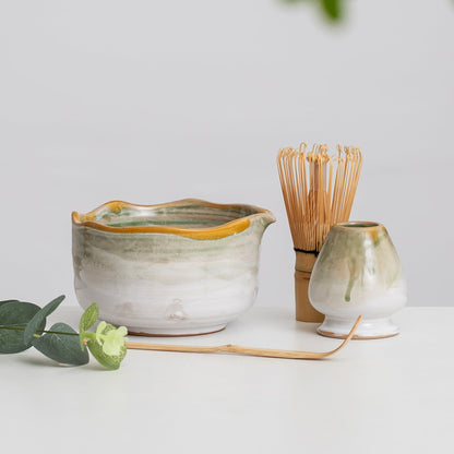 Handmade Natural Green Glazing Matcha Bowl Set of 4 Matcha Ceremony Set Gift Ideas Housewarming Gift